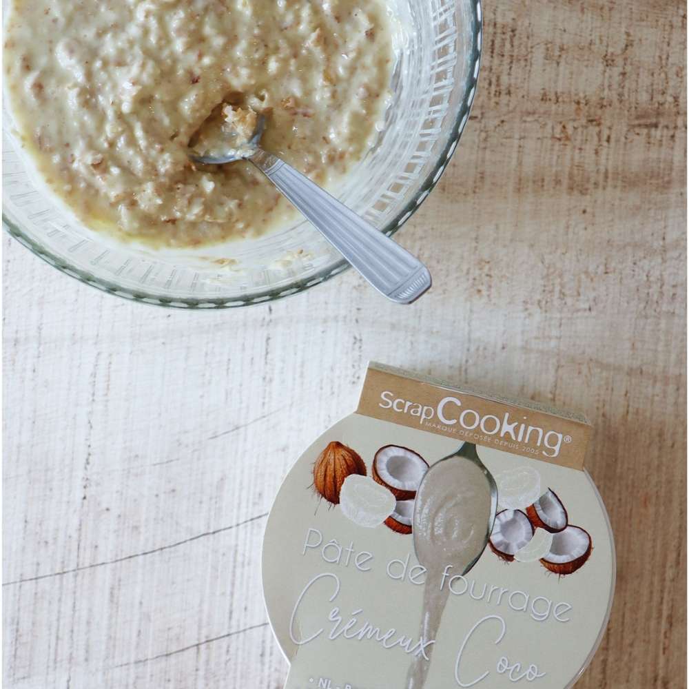 Croustillant chocolat blanc, coco et crêpes dentelle